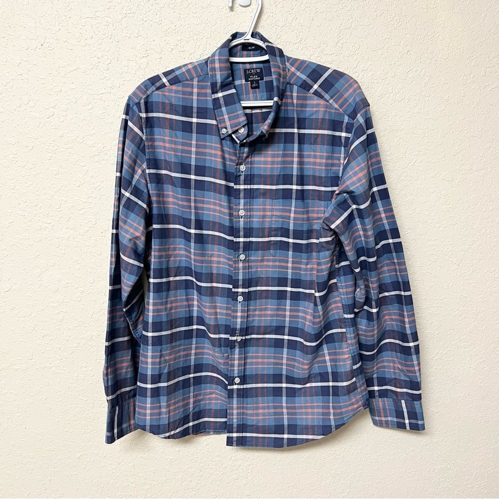 J. Crew Flex Oxford Slim Plaid Button Down Casual Shirt Long Sleeve Mens Size L